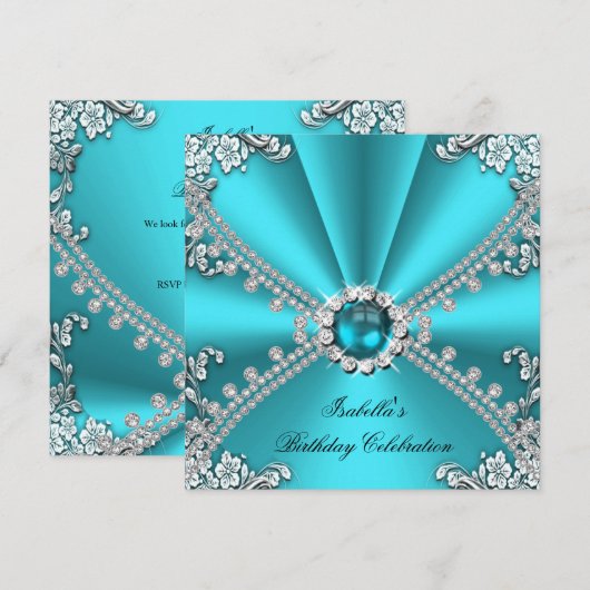 Blauwgroen blauwe diamantjuffrouw Silver Birthday  Kaart (Voorkant / Achterkant)