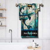 Blauwgroen Blauwe Dolfijn look van Glas in lood Bad Handdoek