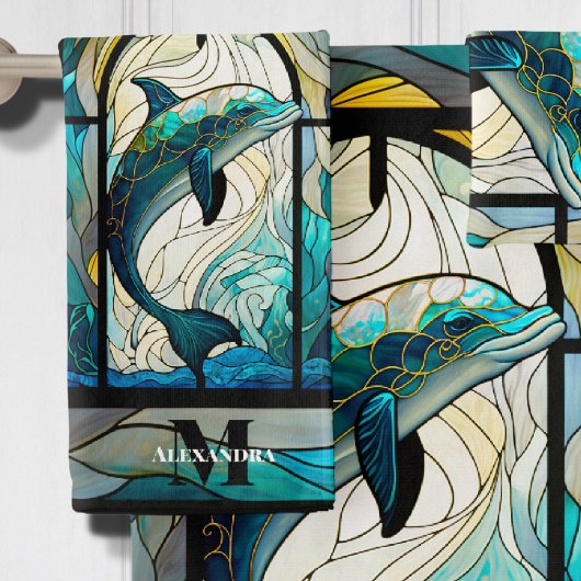 Blauwgroen Blauwe Dolfijn look van Glas in lood Bad Handdoek