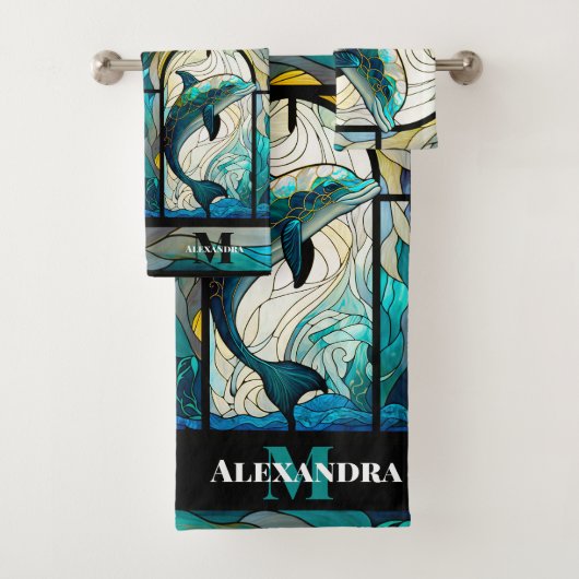 Blauwgroen Blauwe Dolfijn look van Glas in lood Bad Handdoek (Insitu)