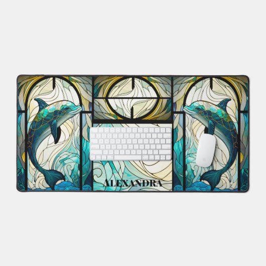Blauwgroen Blauwe Dolfijn look van Glas in lood Bureaumat (Keyboard & Muis)