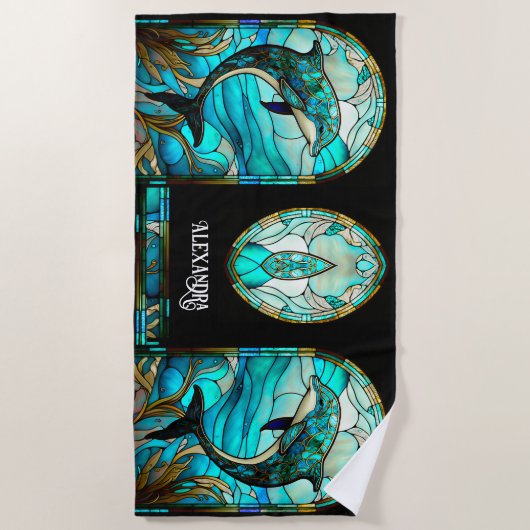 Blauwgroen Blauwe Dolfijn look van Glas in lood Strandlaken (Voorkant)