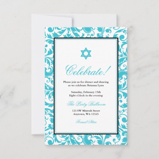 Blauwgroen Blauwe Draaikolk Damask Bat Mitzvah Rec Kaart (Voorkant)