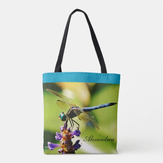 Blauwgroen blauwe dragonfly paarse bloemen vijver  tote bag (Achterkant)