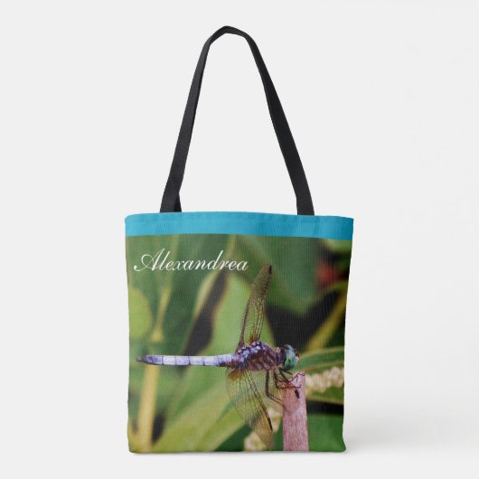 Blauwgroen blauwe dragonfly paarse bloemen vijver tote bag (Achterkant)