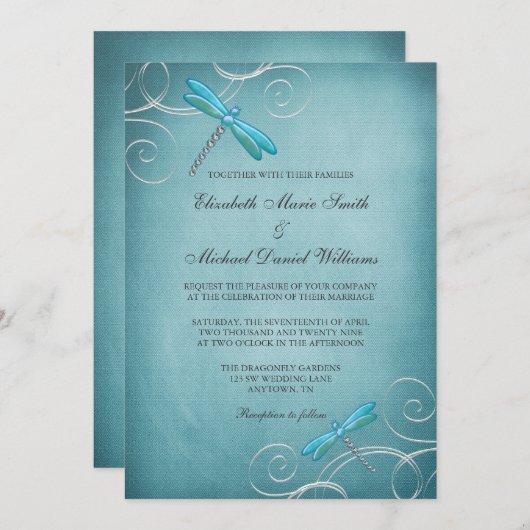 Blauwgroen blauwe dragonfly zweeft bruiloft kaart (Voorkant / Achterkant)