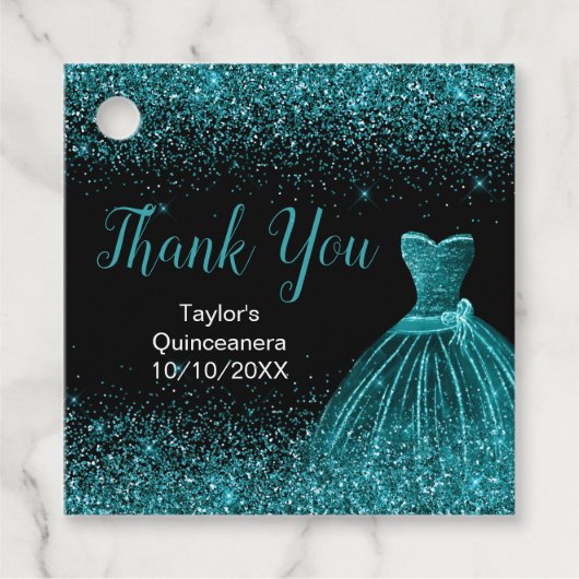 Blauwgroen blauwe dress Faux Glitter Quinceanera Bedankjes Labels (Voorkant)