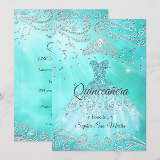 Blauwgroen blauwe dress Silver Quinceanera 15e ver Kaart (Voorkant / Achterkant)