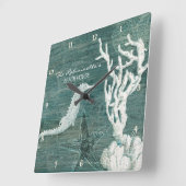 Blauwgroen blauwe driftwood kustkust vierkante klok (Hoek)