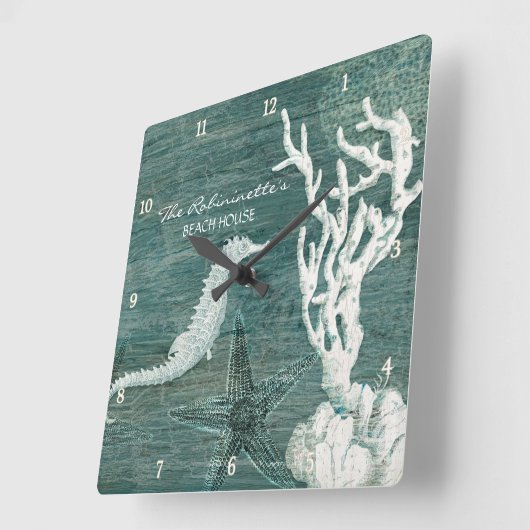 Blauwgroen blauwe driftwood kustkust vierkante klok (Hoek)