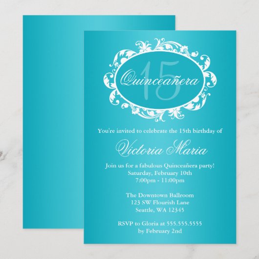 Blauwgroen Blauwe Elegant Swirl Quinceanera Birthd Kaart (Voorkant / Achterkant)