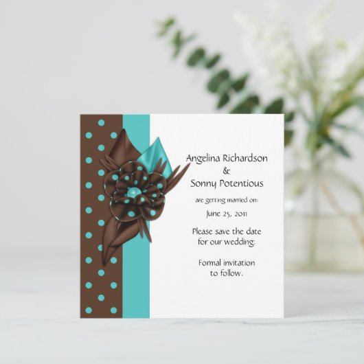 Blauwgroen blauwe en bruine poka stipt de datum op save the date (Staand voorkant)