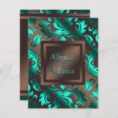 Blauwgroen Blauwe en Chocoladebruine bruiloft Kaart (Voorkant / Achterkant)