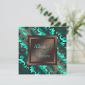 Blauwgroen Blauwe en Chocoladebruine bruiloft Kaart (Staand voorkant)