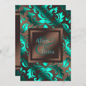 Blauwgroen Blauwe en Chocoladebruine bruiloft Kaart (Voorkant / Achterkant)