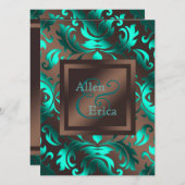 Blauwgroen Blauwe en Chocoladebruine bruiloft Kaart (Voorkant / Achterkant)