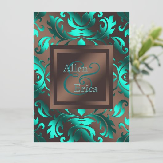 Blauwgroen Blauwe en Chocoladebruine bruiloft Kaart (Staand voorkant)