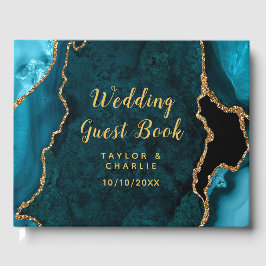 Blauwgroen Blauwe en Gouden Agaat Marmeren Bruilof Gastenboek