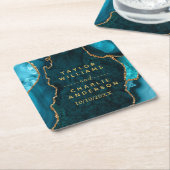 Blauwgroen Blauwe en Gouden Agaat Marmeren Bruilof Kartonnen Onderzetters (Schuin)