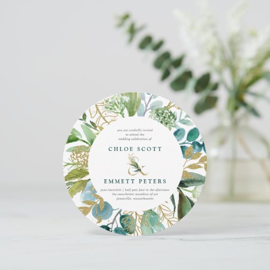 Blauwgroen blauwe en gouden botanische rondenbruil kaart (Staand voorkant)