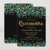 Blauwgroen Blauwe en Gouden Quinceanera Kaart (Voorkant / Achterkant)