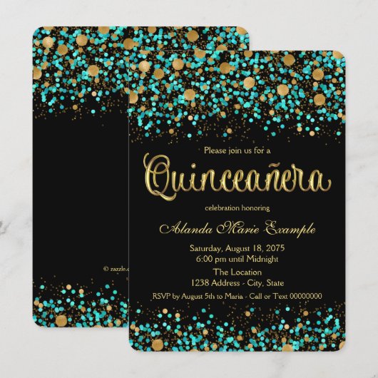 Blauwgroen Blauwe en Gouden Quinceanera Kaart (Voorkant / Achterkant)