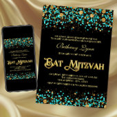Blauwgroen Blauwe en Gouden Vleermuis Mitzvah Kaart