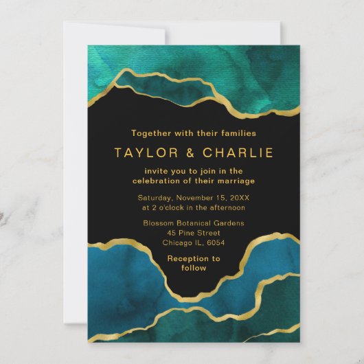 Blauwgroen blauwe en goudkleurige Agate Wedding In Kaart (Voorkant)