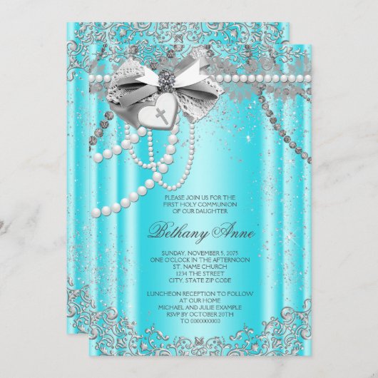 Blauwgroen Blauwe en Grijze Parel Eerste Communie Kaart (Voorkant / Achterkant)
