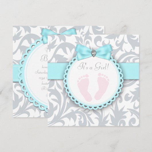 Blauwgroen Blauwe en Grijze Voetafdruk Baby Girl S Kaart (Voorkant / Achterkant)