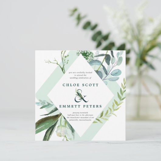 Blauwgroen blauwe en groene botanische bruiloft kaart (Staand voorkant)