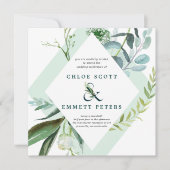 Blauwgroen blauwe en groene botanische bruiloft kaart (Voorkant)