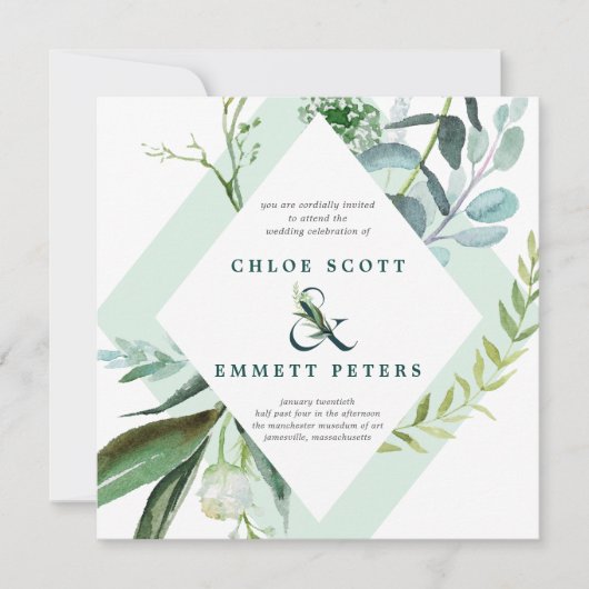 Blauwgroen blauwe en groene botanische bruiloft kaart (Voorkant)