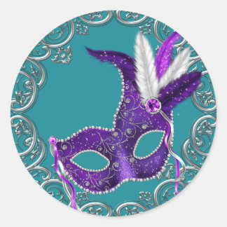 Blauwgroen Blauwe en Paarse Masquerade Ronde Sticker