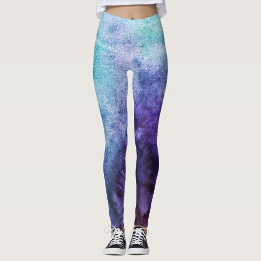 Blauwgroen blauwe en Paarse Waterverf Leggings (Voorkant)