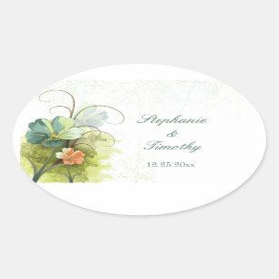 Blauwgroen blauwe en perzikflorale trouwstickers ovale sticker