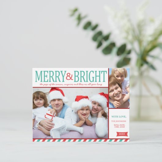 Blauwgroen blauwe en rode vrolijke en heldere foto feestdagenkaart (Staand voorkant)