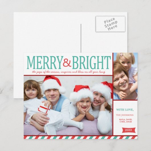 Blauwgroen blauwe en rode vrolijke en heldere foto feestdagenkaart (Voorkant / Achterkant)