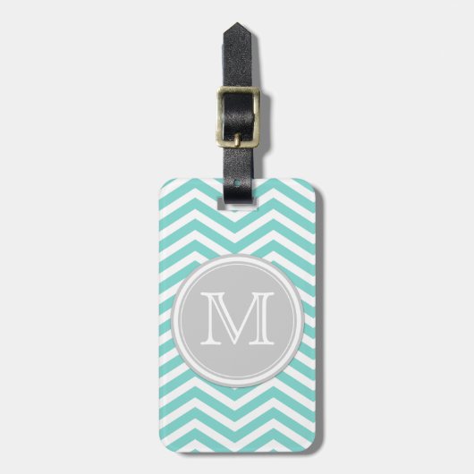 Blauwgroen Blauwe en Witte Chevron met Monogram Bagagelabel (Voorkant verticaal)