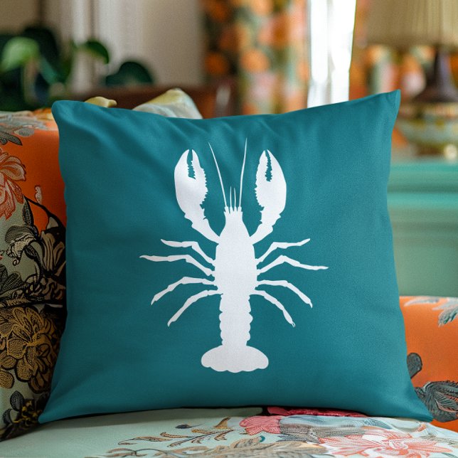 Blauwgroen Blauwe en Witte Kreeftvorm Kussen (Teal Blue and White Lobster Shape Throw Pillow)