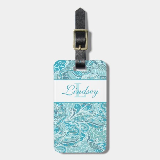 Blauwgroen blauwe en witte paisley monogrammed bag bagagelabel (Voorkant verticaal)