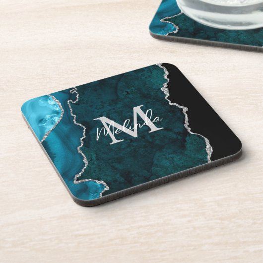 Blauwgroen Blauwe en Zilveren Marmeren Agaat Bier Onderzetter (Linkerzijde)