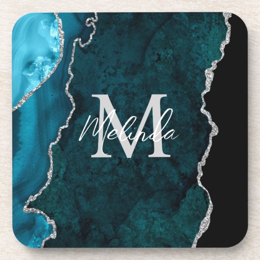 Blauwgroen Blauwe en Zilveren Marmeren Agaat Bier Onderzetter (Voorkant)