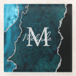 Blauwgroen Blauwe en Zilveren Marmeren Agaat Glazen Onderzetter