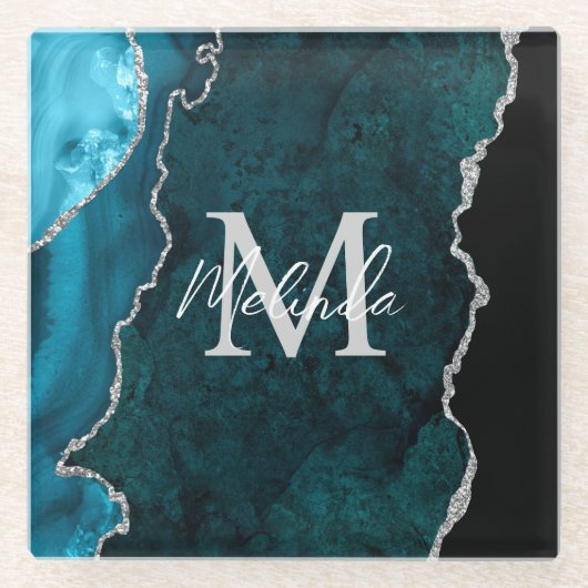 Blauwgroen Blauwe en Zilveren Marmeren Agaat Glazen Onderzetter (Voorkant)