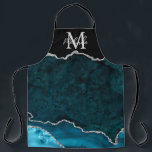 Blauwgroen Blauwe en Zilveren Marmeren Agaat Schort<br><div class="desc">Dit schort heeft een elegante en glamoureuze agate marmeren achtergrond met geode edelsteen detaillering en faux silver glitter accenten. Het monogram combineert handgeschreven script en moderne schreefloze lettertypen voor een stijlvolle en verfijnde look. Dit maakt het ideale cadeau omdat het kan worden aangepast met een naam en initiaal. De diepblauwe...</div>