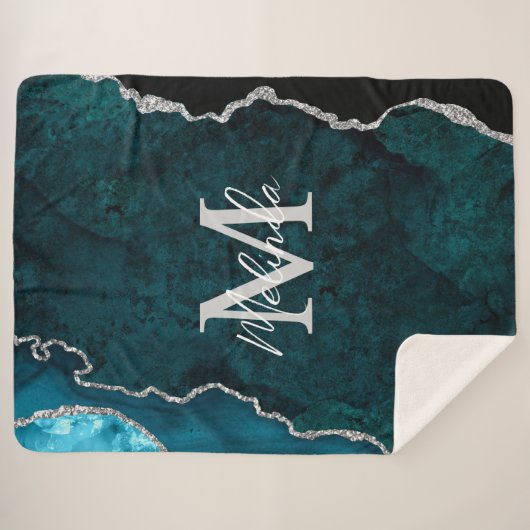 Blauwgroen Blauwe en Zilveren Marmeren Agaat Sherpa Deken (Voorkant (horizontaal))