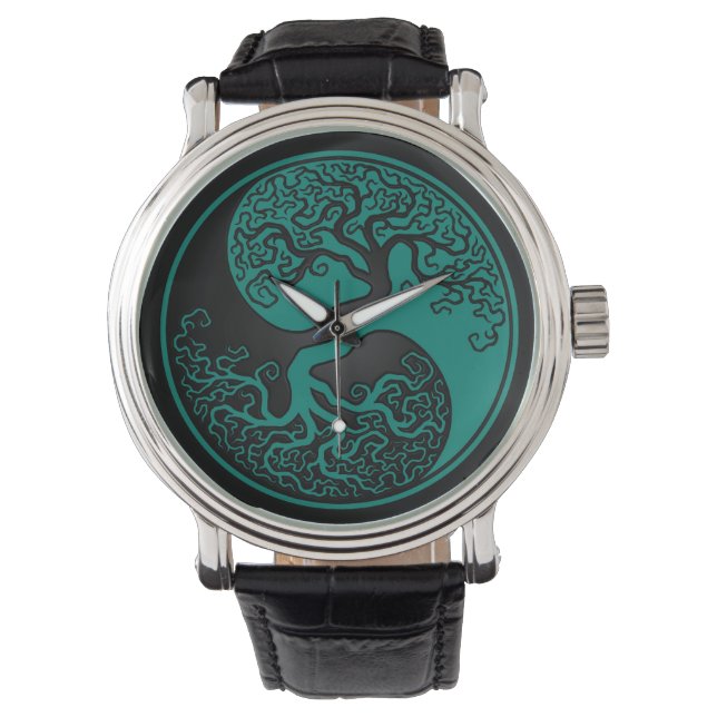 Blauwgroen Blauwe en Zwarte Levensboom Yin Yang Horloge (Voorkant)