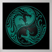 Blauwgroen blauwe en zwarte Yin Yang Dragons Poster (Voorkant)