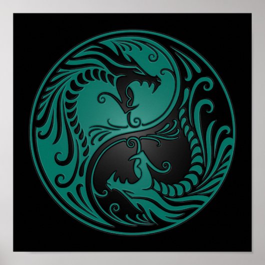 Blauwgroen blauwe en zwarte Yin Yang Dragons Poster (Voorkant)